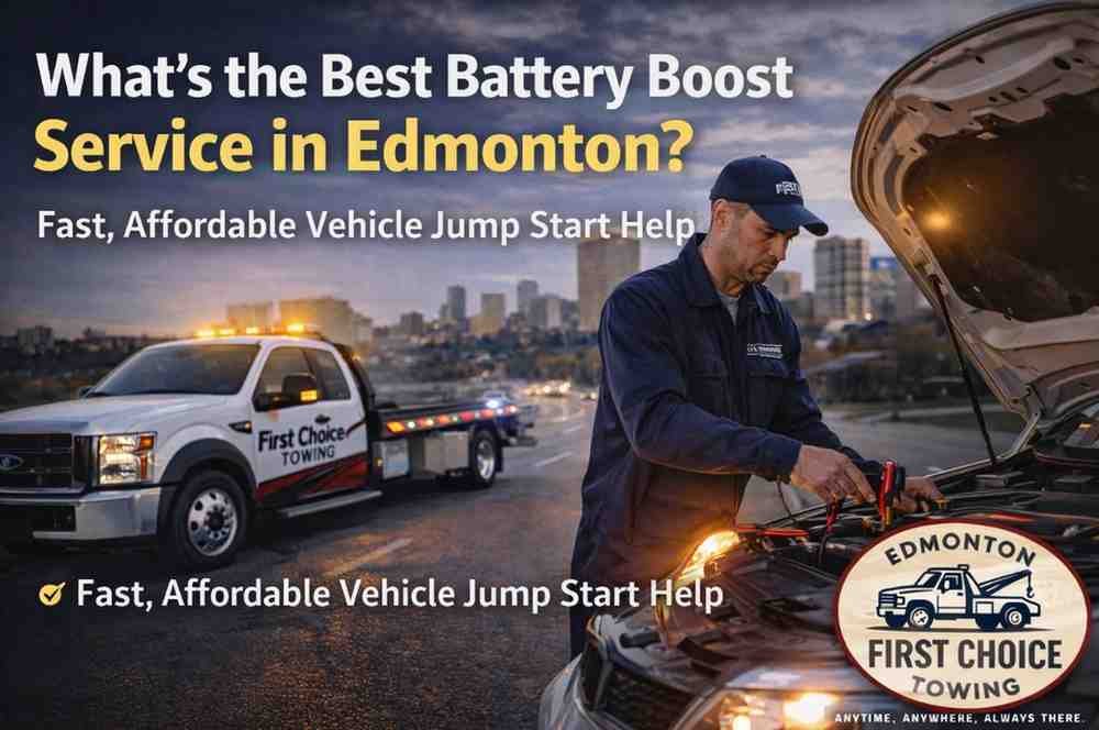 First Choice Towing technician providing battery boost service in Edmonton with jump start assistance on the roadside.