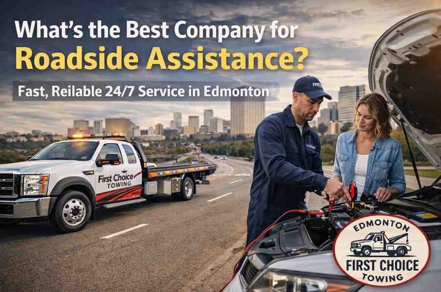 First Choice Towing providing roadside assistance in Edmonton with a technician jump-starting a car on the roadside