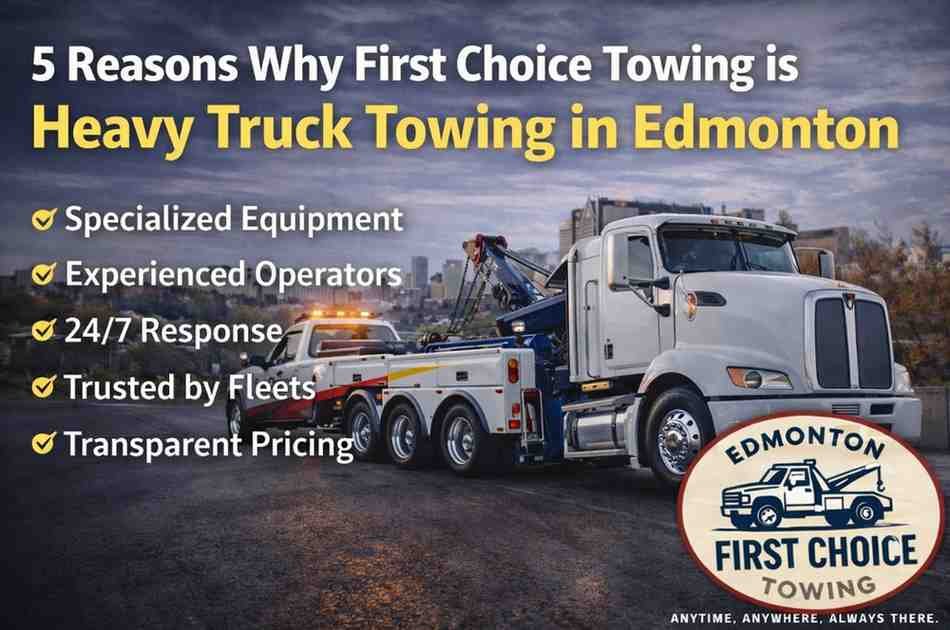First Choice Towing providing heavy truck towing in Edmonton with a semi truck recovery using a heavy-duty tow truck