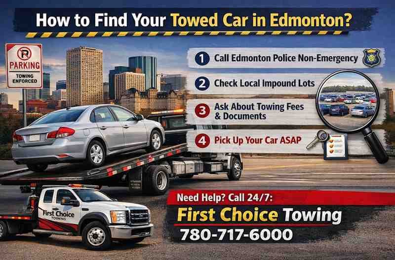 How to find a towed car in Edmonton showing a vehicle on a tow truck with steps to contact police, check impound lots, and recover the car