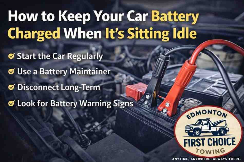 Car battery connected to jumper cables showing tips to keep a car battery charged while the vehicle is sitting idle